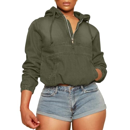 Denim Hoodie Women Half Zip Jean Jacket Denim Pullover Tops Long Sleeve Hooded Jean Jacket Loose Fit Jeans Sweatshirt