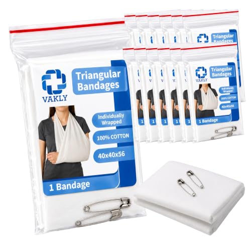 Vakly Triangular Bandages 40 x 40 x 56 in (12 Pack) First Aid Triangle Sling & Splint Bandage with Safety Pins Non-Woven Cotton Emergency Arm Support