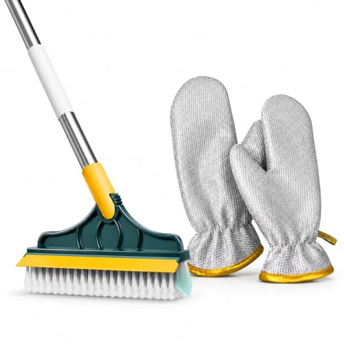 Image of 2 Set of Green Bathroom Cleaning Brush with Wiper and (Aluminium Dishwashing Hand Glove), Cleaning Brush with Long Handle, Floor & Tiles Cleaner Brush, Bathroom Cleaning Accessories