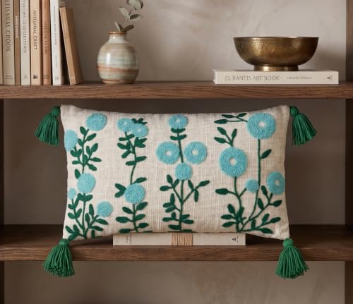 Image of Furnistitchs Boho Rectangle Cushion Cover 12x20 inches | Handmade Decorative Throw Pillow Case | Bohemian Home Decor Sofa Bed Cushion Cover Living Room Bedroom (1, Aqua Buds, 12x20 inches)