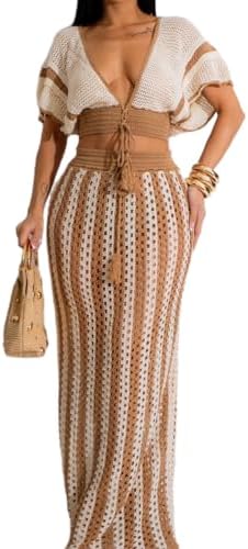 REASERAL Womens Knit 2 Piece Outfits Short Sleeve Hollow Out Top ...