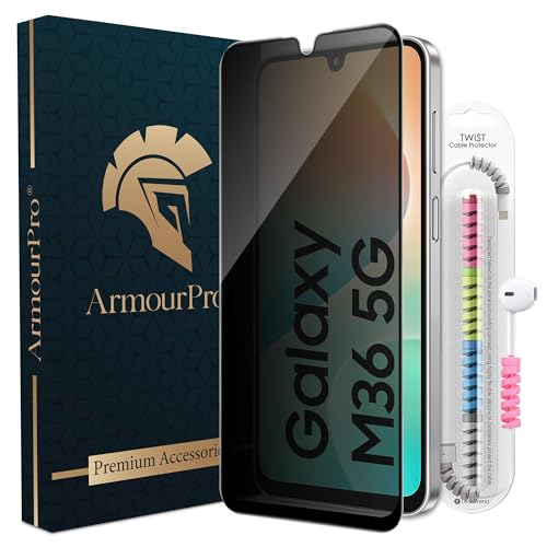 Image of ArmourPro Privacy Tempered Glass for Samsung Galaxy M36, Anti Spy Anti Peeping Screen Protector, Edge-to-Edge Full Coverage, 9H Hardness with Cable Protector | Black