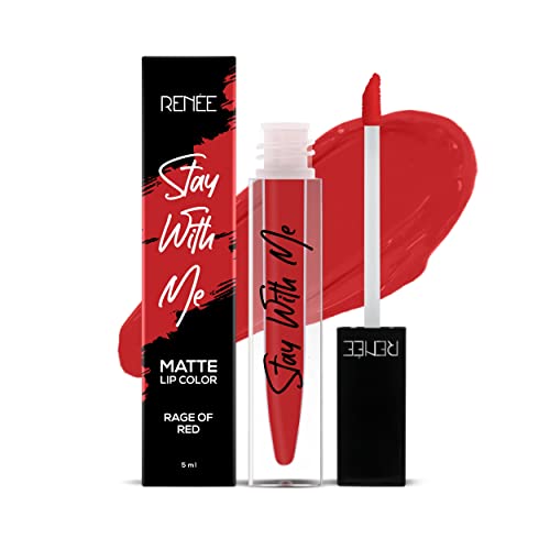 Image of RENEE Stay With Me Matte Lipstick - Rage Of Red l Transfer Proof, Smudge & Waterproof | Long Stay l Highly Pigmented l Velvety, Matte Finish l Enriched with Vitamin E l Travel Friendly l 5 ml