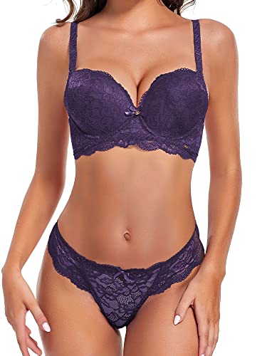SHEKINI Women Lace Lingerie Set Underwire Bra and Panty Set Push Up Bra Thong Panty Set 2 Piece Dark Purple