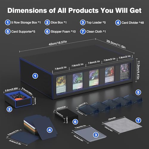 Image of Kabinka MTG Card Storage Box with Handle & Mechanical Latch,5-Row 3900+ Commander Trading Card Case with Sealed Display Window,Top Loaders Organizer Deck Box for MTG /TCG /PTCG /Sports Cards (Black Blue)