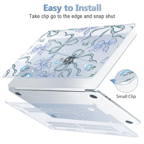 Image of Mektron Case for 2026 MacBook Air 13-inch M5 Laptop A3449 with 13.6-inch Liquid Retina Display, 2025 2024 2022 M4 /M3 /M2 MacBook Air 13 inch Hard Shell Cover A3240 A3113 A2681, Bows C355-Glitter Blue
