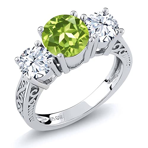 Gem Stone King 3-Stone Ring for Women | 925 Sterling Silver | Gemstone Birthstone and White Topaz | Round 7MM and 5MM | Wedding Engagement Anniversary Promise Ring with Filigree Band | Size 5-9