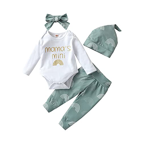 Infantile Nouveau-Né BéBé Filles VêTements Lettre Imprimer Barboteuse à Manches Longues Body + Pantalon Imprimé Arc-en-Ciel Chapeau Bandeau Tenues Vert 70 0-6 Mois Cover
