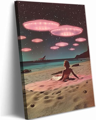 Ufo And Alien Encounter Canvas Wall Art Trippy Spaceship Beach Painting Picture Wall Decor Sci-Fi Themed Yacht Poster Print Artwork for Bedroom Living Bathroom Home Decoration
