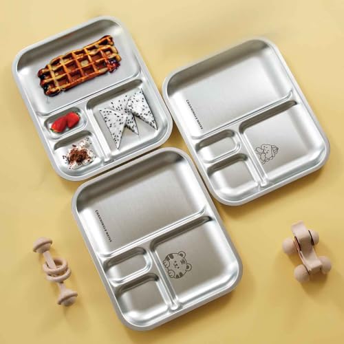 Image of Basil Stainless Steel Plate for Kids - Kids Plates for Food with 3 Compartments - Dinner Plates for Baby - Unbreakable Dinner Plates - Ideal for Birthday, Return Gifting - Bento Tiger Plate