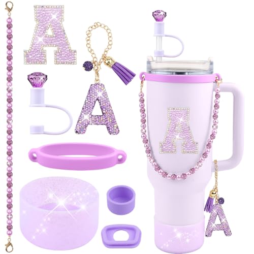 Hpebl 8PCS Purple for Stanley Cup Accessories 30/40 OZ Bling Rhinestones Initials Charms for Stanley Decorations Tumbler Accessories Set Including Diamond Straw Topper, Silicone Tumbler Boot(Letter L) - image 1