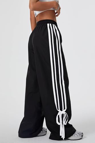 Women's Y2K Baggy Bow Wide Leg Pants Striped Track Elastic Waist Long Sweatpants Parachute Pants4