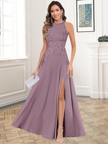 Women's Chiffon Mother of The Bride Dresses Halter Lace Formal Dresses for Women Wedding Guest4