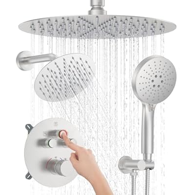 KOJOX Brushed Nickel Thermostatic Shower System, Push Button Diverter Shower Faucet Set with 12" Ceiling Mount Rain Shower, 8" Wall Mount Shower Head, and 3-in-1 Handheld Spray