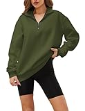 Meladyan Womens Half Zip Sweatshirt Oversized Long Sleeve Collar Drop Shoulder Solid 1/4 Zipper Pullover Jacket Army Green