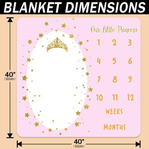 Image of Monthly Milestone Blanket for Baby Girl, 40 inchx40 inch Soft Flannel Pink Princess Memory Growth Blanket, Photography Backdrop Prop for Newborn Baby Shower, 1 to 12 Months Include Marks BTXTPH836