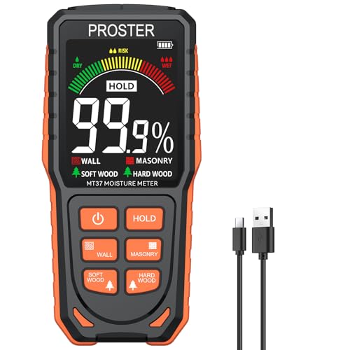Proster Rechargeable Pinless Moisture Meter - Damp Meter for Walls with LCD Display Sound Alerts & 4 Modes(Wall Masonry Hardwood SoftWood) Wall Moisture Detector Detects Up to 19mm Depth