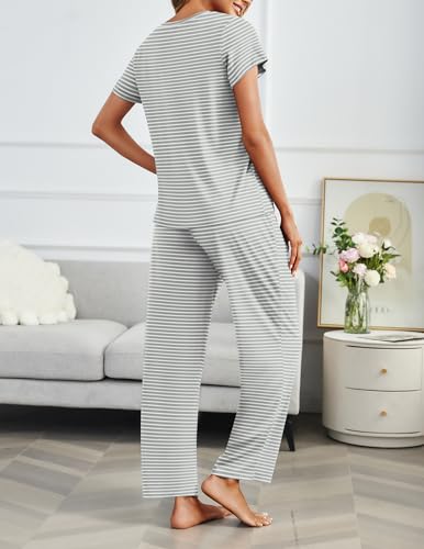 Image of Ekouaer 2 Pack Pajamas for Women Set Short Sleeve Sleepwear Top and Pants Pjs Soft Printed Lounge Sets with Pockets