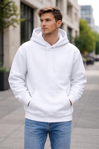 Image of Maydear Men's Pullover Hoodie Casual Long Sleeve Hooded Sweatshirt Basic Fleece Hoodie with Pocket-White