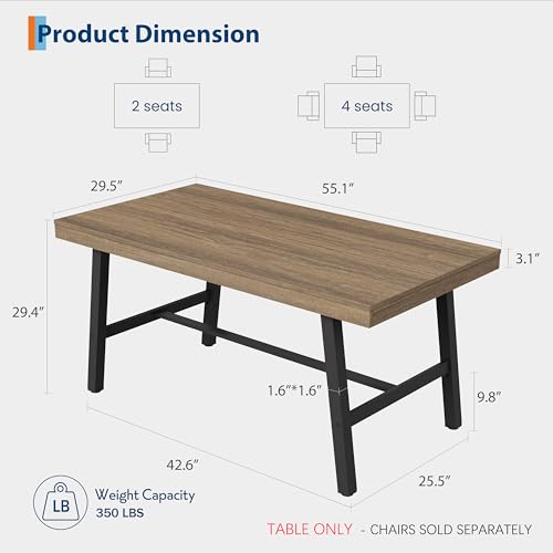 Image of GarveeHome Industrial Dining Table for 2-4, 55 inch Heavy Duty Rectangular Kitchen Table with 2 inchx2 inch Metal Legs, Small Space Dining Table for Kitchen, Dining Room (Rustic Pear, 55 inch Non-extendable)