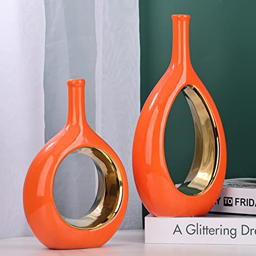 Orange And Gold Vase Set-2,Mid Century Modern Orange Ceramic Vases,Ceramic Orange Vases Home Decor,Orange Ellipse Hollow Vase Centerpieces,For Orange Home Decor,Mantelpiece Decorative Vase #TOP3