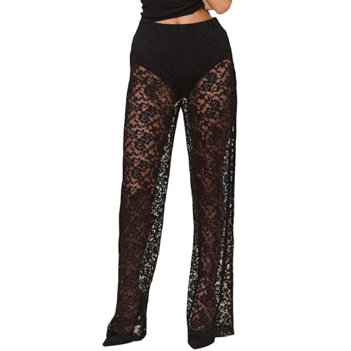 PDYLZWZY Pantalones góticos de cintura alta y pierna ancha para mujer, de encaje transparente, pantalones acampanados, ropa urbana, Negro , M