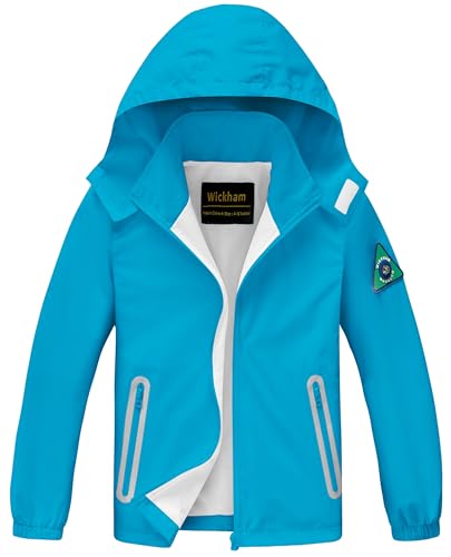 WICKHAM Boys Girls Lightweight Waterproof Rain Jacket with Detachable Hood for School Hiking and Rainy Days Blue 6-7 Years