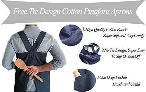 Losofar Women Girls Vintage Pinafore Square Apron Baking Cooking Gardening Works Cross Back Cotton/Linen Blend Aprons Pinafore Dress (Navy, L) #TOP1