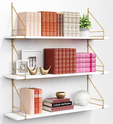 Harwaya White and Gold Floating Shelves 36 Inch Long Wall Shelves for Bedroom Books Modern Wall Hanging Bookshelf Unit for Living Room Office Kitchen Bathroom Decor - Set of 3