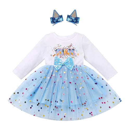 FYMNSI Baby Girl Toddler Kids 3rd Third Birthday Cake Smash Outfit Blue Confetti Polka Dots Three Years Old Party Tulle Tutu Princess Dress with Hair Clips Photo Shooting Fall Blue Three 3 Years