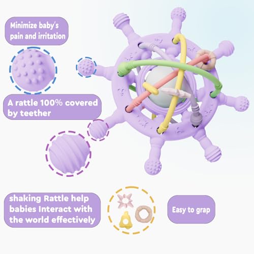 Image of Busy Rattle for Babies, Food Grade Teething Toys for Babies 0 3 6 9 12 18 Months, Newborn Infant Learning Developmental Toys .Sensory Teether Toys,Toddler teether Soothes Teething Pain(Purple&Pink)