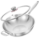 LOLYKITCH Tri-Ply 34 CM Stainless Steel Wok Pan with Lid,Induction Stir Fry Pan,Even Heating and Detachable Handle