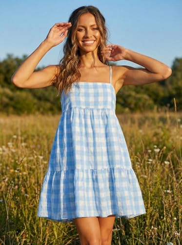 Image of Womens Summer Plaid A-line Sleeveless Casual Flowy Mini Sundress