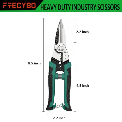 Image of Heavy Duty Industrial Scissors 8.5'', Electrician Scissors with Finely Serrated CR-V Powerful Blades, Easy Cutting Wires, Cardboard, Plastic, Carpet, Wire Stripping and Crimping