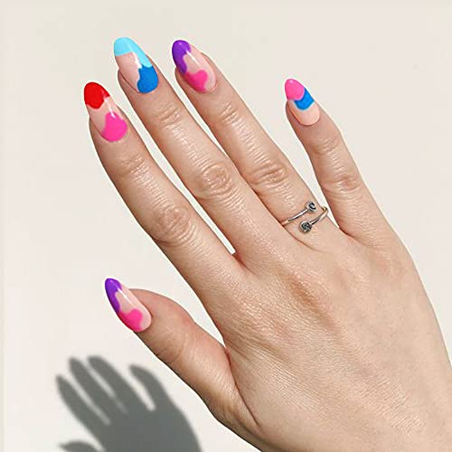 YOSOMK 24Pcs Press on Nails Short Multicolor Watercolor Fake Nails Short French Full Cover Glue on Nails Glossy Rainbow False Nails for Women and Girls
