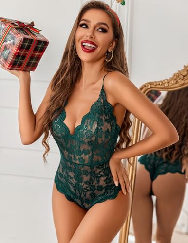 Image of Avidlove Sexy Lingerie for Women Deep V Teddy Sheer Lace Bodysuit Snap Crotch One Piece Babydoll