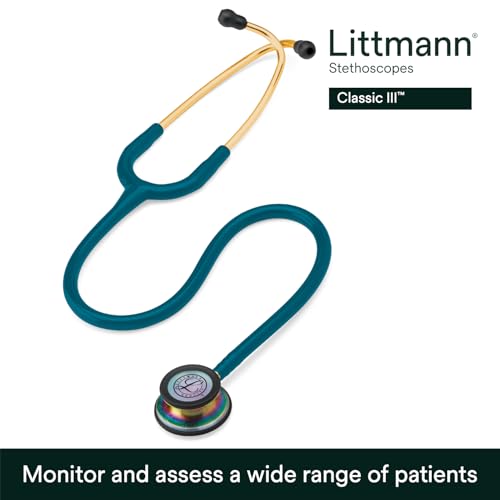 Image of 3M Littmann Classic III Monitoring Stethoscope, 5807, More Than 2X as Loud, Weighs Less, Stainless Steel Rainbow-Finish Chestpiece, 27 inch Caribbean Blue Tube, Brass Stem and Headset