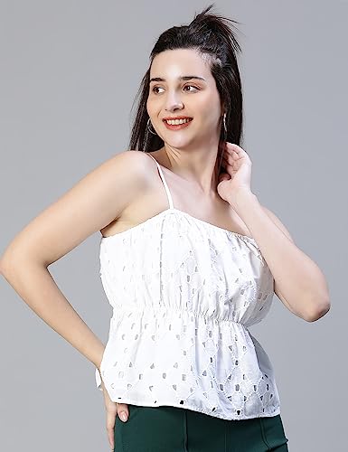 Image of oxolloxo Women Schiffli Elsaticated Shoulder Strap Cotton Top