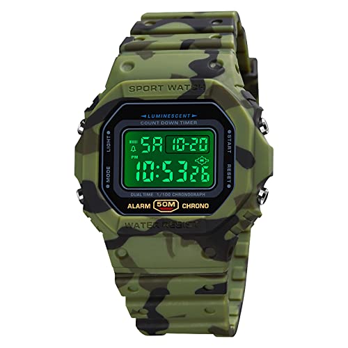 Nicoone Reloj Digital para Hombre, con Retroiluminación, Impermeable, Resistente a Los Golpes, con Alarma, Cronómetro, Cuenta Regresiva (Camuflaje Verde Militar)