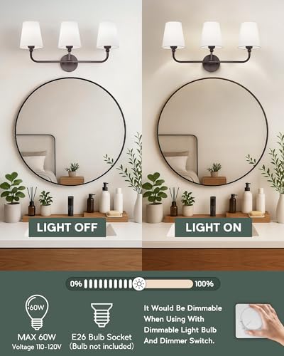 Image of Bathroom Light Fixtures, 3-Light Oil Rubbed Bronze Vanity Lights with Flared White Fabric Shade, Vintage Sconces Wall Lighting for Hallway Bedroom, VL837-ORB-3