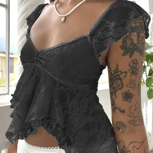 Women Y2k Lace Going Out Crop Top Summer Cap Sleeve Sheer Shirt Tanks Babydoll Tops Coquette Clothes3
