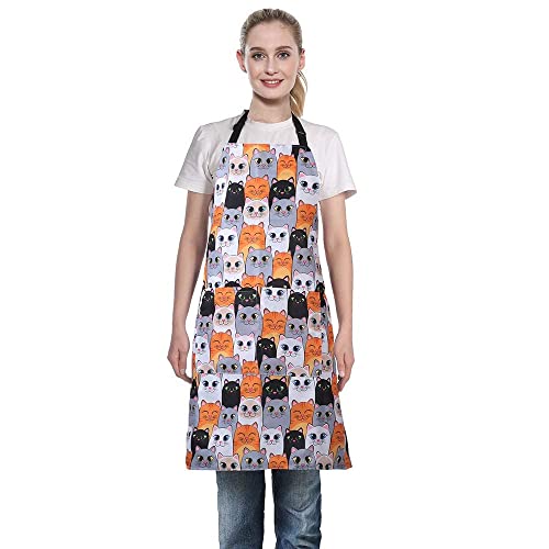 MissOwl Adjustable Bib Apron Extra Long Ties with Pockets Kitchen Cooking Baking Gardening Painting Apron for Women Men Cat