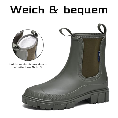 GemChve Gummistiefel Damen Gefüttert Wasserdicht Gummistiefel Halbhohe Chelsea Boots rutschfeste Stiefeletten Regenstiefel Regenschuhe Gummistiefeletten Warm Gartenschuhe Green 38EU