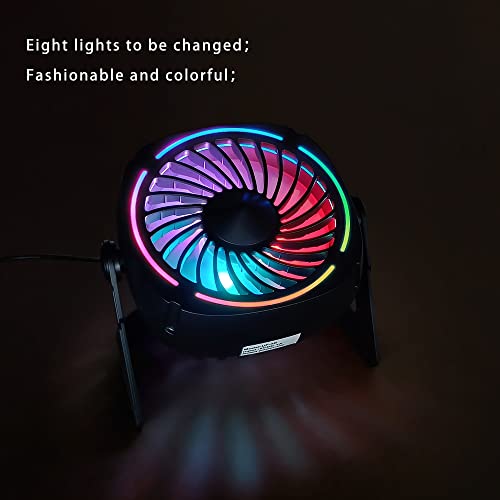 Small USB RGB Desk Fan Portable Table Fan with 3 Levels Air Flow,8 Color LED Lights, 360 Rotation,Quiet Mini Personal Fan for Home Office Desktop (UF-4B) - Image 2