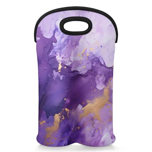 GzLeyigou 2 Bottles Marble Texture Purple Wine Bag Sleeve Totes Neoprene Protective Wine Carrier Bag for Wine,Water, Champagne, Beer, Baby Bottles,Gift 14.5 x 10 Inches