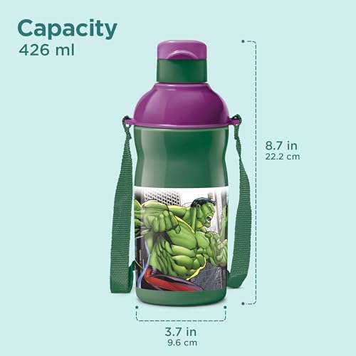 Image of Milton Marvel Kool Elite 400 Insulated Water Bottle for School Kids I Food Grade, Leak Proof Flip Top Lid, Easy to Carry Loop, Insulated Thermo Sipper Bottle for Kids, 426 ml, Dark Green (Hulk Print)
