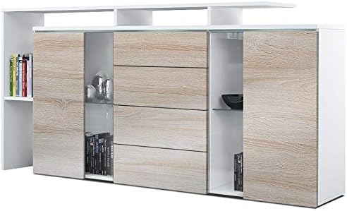 Vladon Sideboard Chest of Drawers Lissabon, Carcass in White matt/Front in Rough-sawn Oak