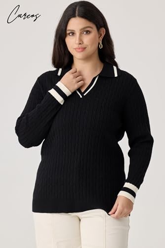 Image of CARCOS Plus Size Sweaters for Women Long Sleeve Pullover Sweaters Lapel Collared Vneck Knit Jumper Tops Fall Winter XL-5XL