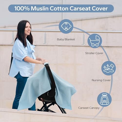 Image of SERAPHY 100% Muslin Cotton Car Seat Cover Baby, Universal Carseat Covers, Breathable Baby Car Seat Canopy for Boys Girls, Soft Infant Car Seat Cover for Summer -Blue