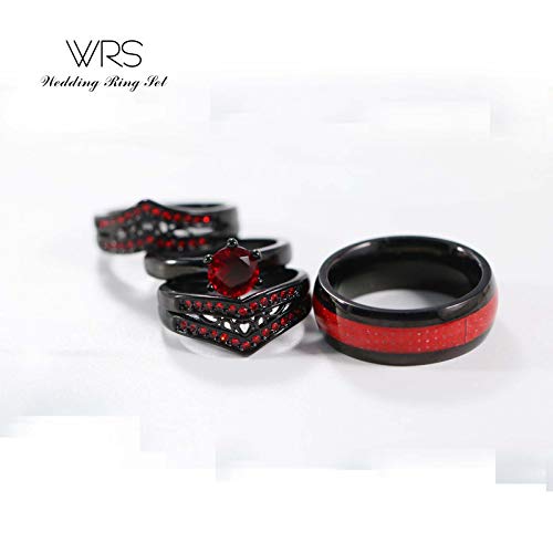 Two Rings His Hers Wedding Ring Sets Couples Matching Rings Women's 2pc Black Gold Plated Red CZ Wedding Engagement Ring Bridal Sets Men's Tungsten Carbide Band Wedding Band3